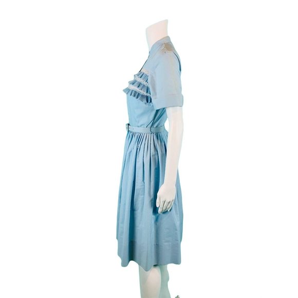 Vintage 1960s Shirtdress Light Blue Ruffle Full Skirt Dress | W 24" - Picture 8 of 10
